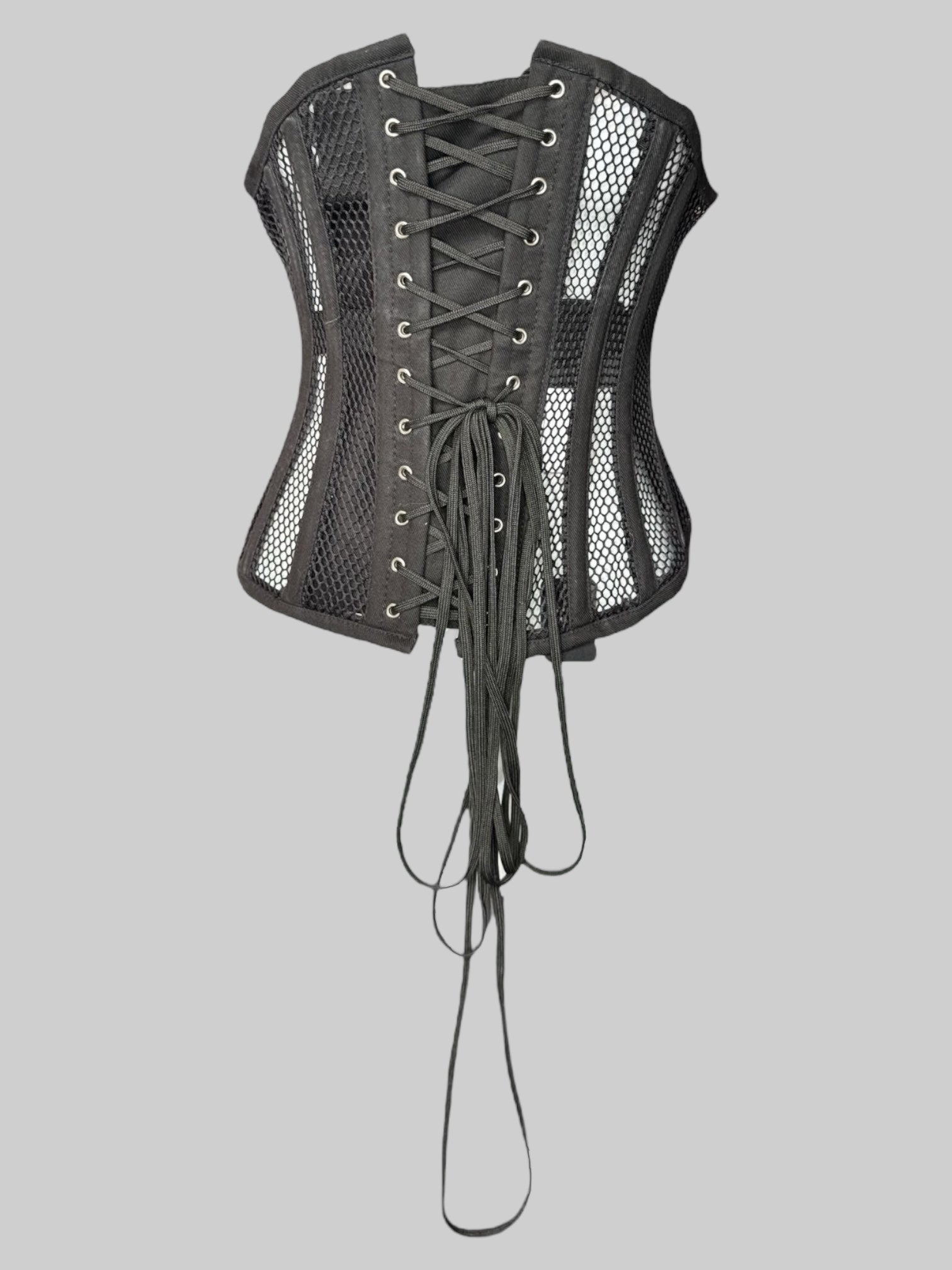 XS Black fishnet corset with metal class on back and lacing on front