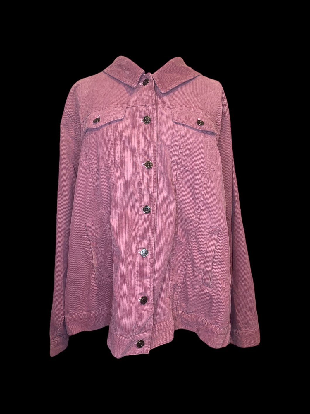 2X Dusty rose cotton corduroy long sleeve button down jacket w/ folded collar, button cuffs, & pockets
