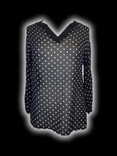 Load image into Gallery viewer, L Black &amp; white sheer polka dot long sleeve notch neckline top w/ lace details
