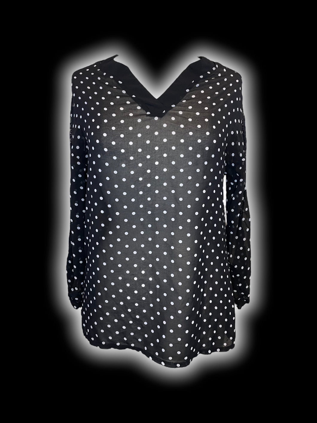 L Black & white sheer polka dot long sleeve notch neckline top w/ lace details