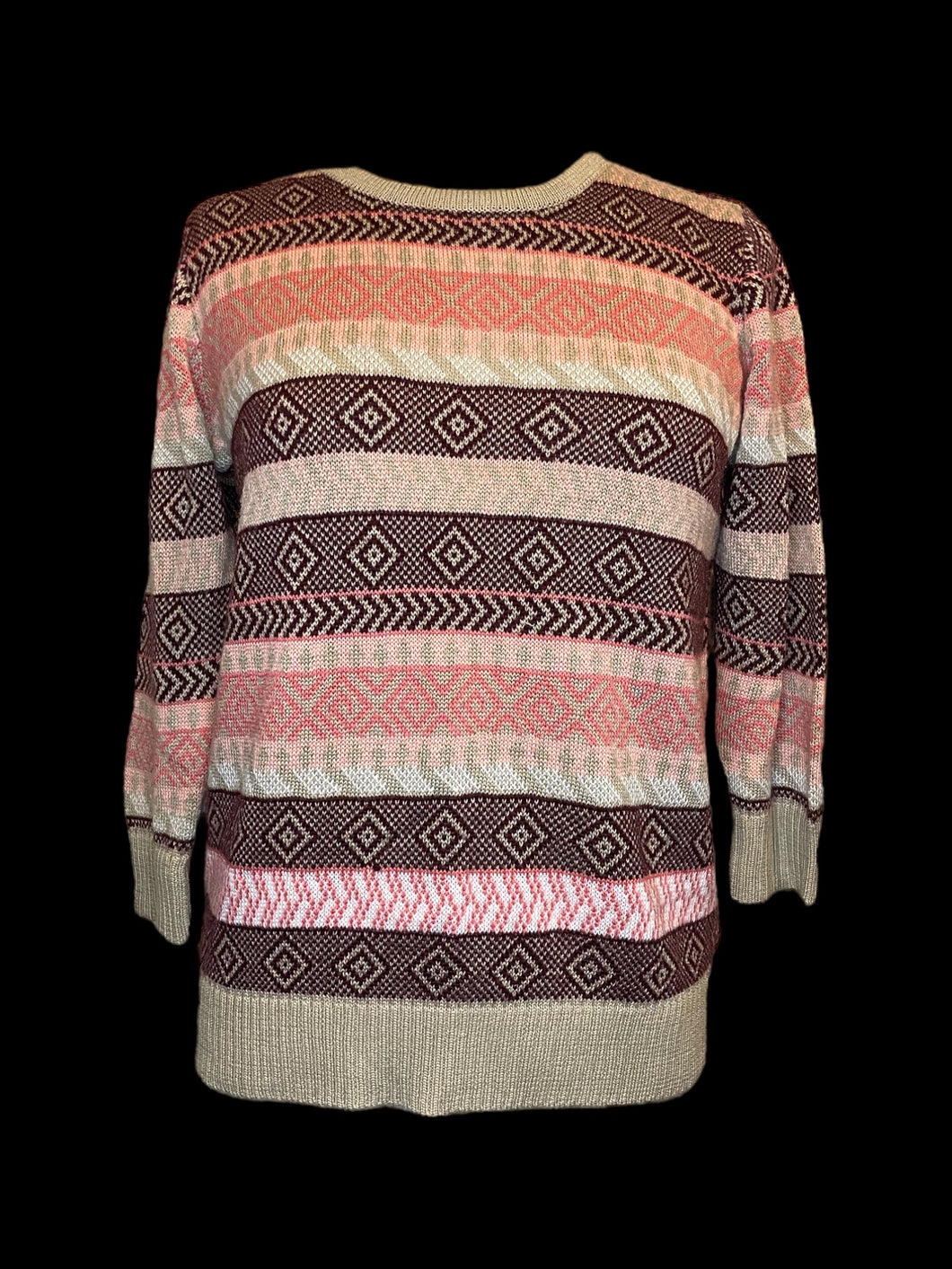 L Vintage Y2K beige, pink, & purple geometric stripe long sleeve round neckline sweater