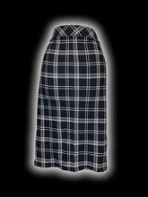 Load image into Gallery viewer, XL Black &amp; white plaid skirt w/ faux lace up detail, side hem slit, &amp; elastic waist
