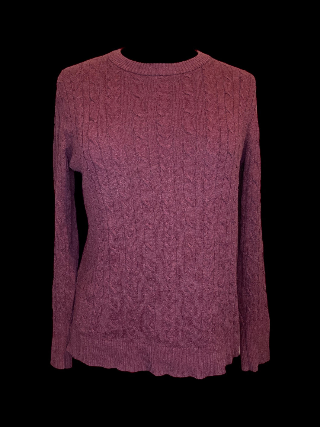 L Maroon cotton blend cable knit long sleeve crew neckline sweater
