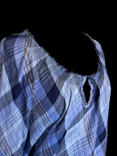 Load image into Gallery viewer, 4X Purple plaid balloon sleeve stretch neckline cotton top w/ button keyhole detail, &amp; elastic hem
