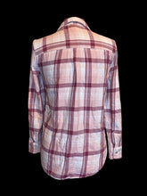 Load image into Gallery viewer, L Light pink, dark pink, &amp; white plaid cotton long sleeve button down top w/ folded collar, chest pocket, &amp; button cuffs
