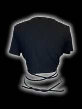 Load image into Gallery viewer, XL Black rib knit short sleeve round neckline crop top w/ tie keyhole wrap detail
