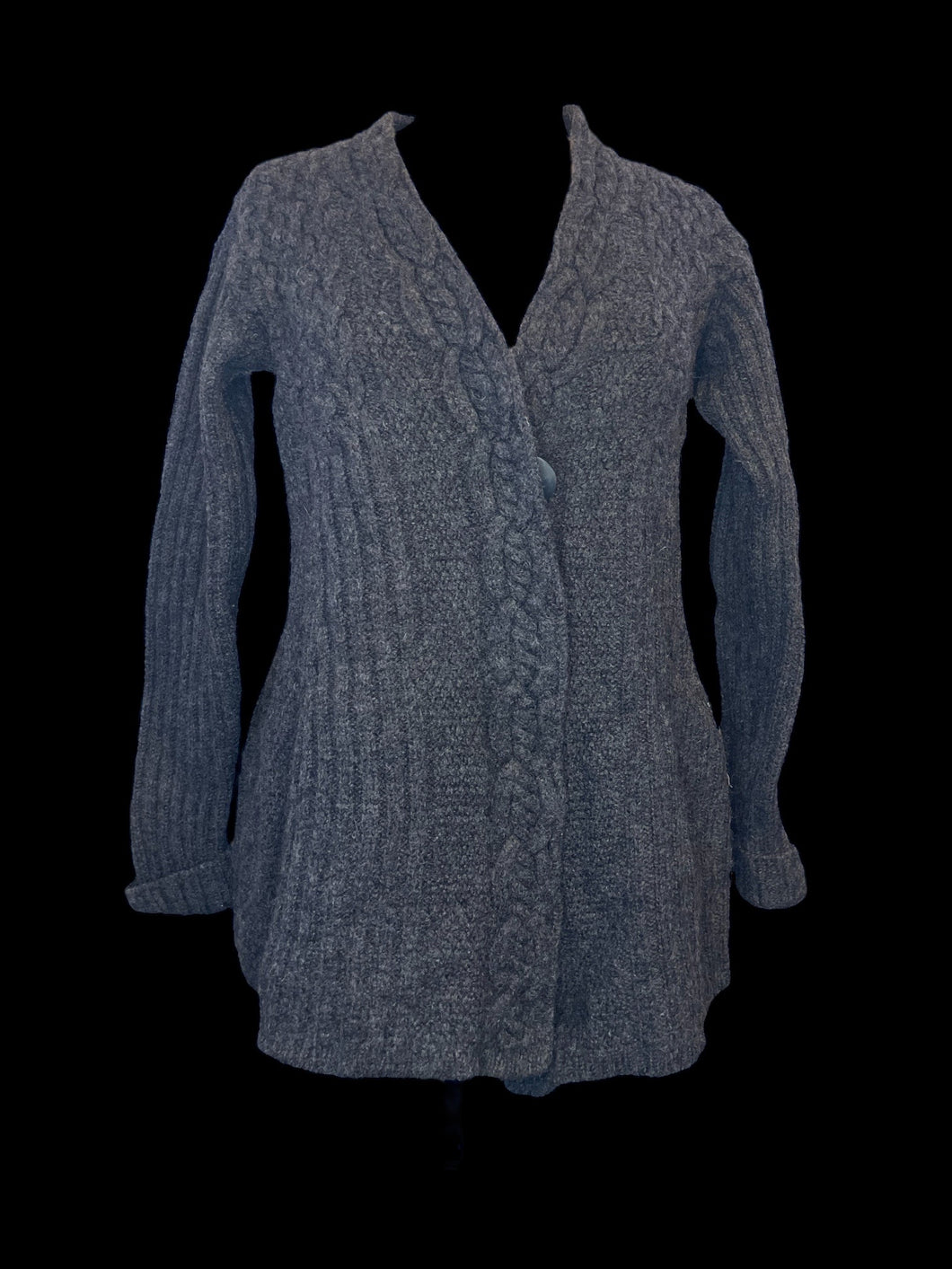 0X Dark heather grey wool long sleeve open front cardigan w/ single button closure, & folded cuffs