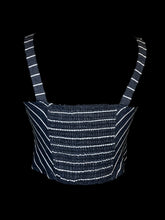 Load image into Gallery viewer, M Blue grey &amp; white stripe sleeveless v-neckline bustier w/ mock button down closure, &amp; shirred back
