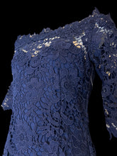 Load image into Gallery viewer, S NWT Blue short sleeve lace bodycon off the shoulder dress w/ elastic neckline, blue petticoat, &amp; zipper closure
