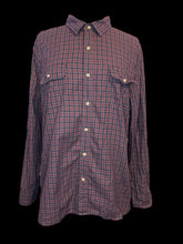 Load image into Gallery viewer, 1X Red, black, &amp; white long sleeve button down top w/ folded collar, button cuffs, &amp; chest pockets

