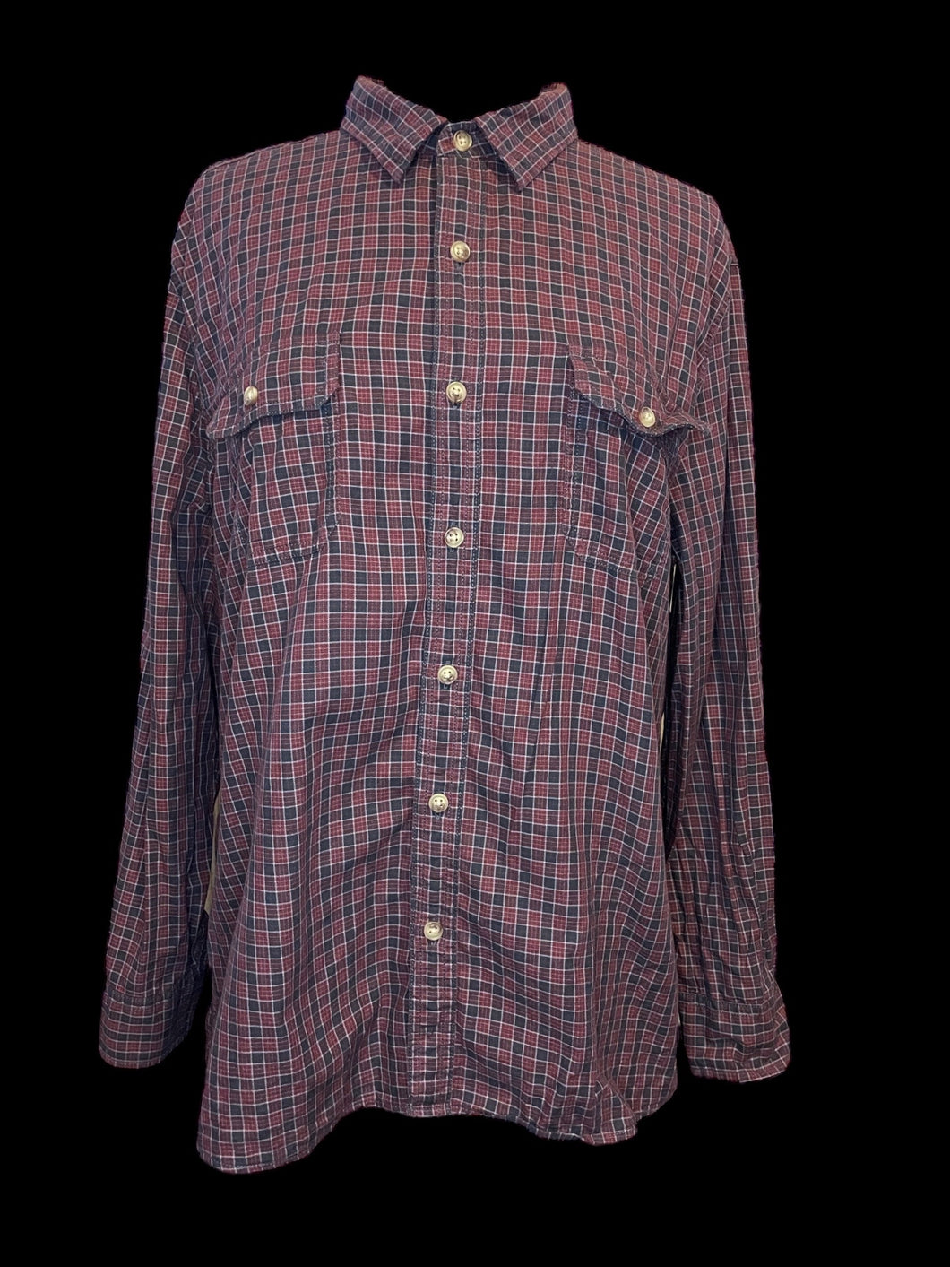 1X Red, black, & white long sleeve button down top w/ folded collar, button cuffs, & chest pockets