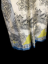 Load image into Gallery viewer, L Off-white, black, blue, &amp; yellow paisley pattern high waist wide leg pants w/ elastic waist, &amp; pockets

