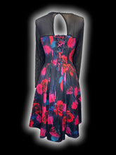Load image into Gallery viewer, 1X Black, pink, purple, &amp; green floral pattern mesh long sleeve dress w/ keyhole/button back, pockets, &amp; lace-up detail
