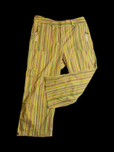 Load image into Gallery viewer, L Vintage 90s brown, green, &amp; yellow stripe cotton blend mid-rise straight leg pants w/ zipper pockets, belt loops, &amp; two snap button/zipper closure
