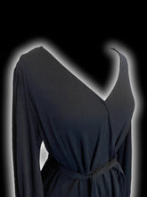Load image into Gallery viewer, XL Black balloon sleeve mock wrap neckline maxi dress w/ side hem slit, clasp neckline, belt loops, &amp; cloth waist tie
