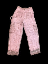 Load image into Gallery viewer, S Lilac &amp; black swirl pattern sheer high waist straight leg cargo style pants w/ lilac lining, pockets, button/zipper closure, &amp; belt loops
