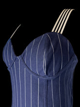 Load image into Gallery viewer, M Blue &amp; white pinstripe sleeveless crop top w/ black &amp; white elastic straps, defined chest, &amp; ruched back
