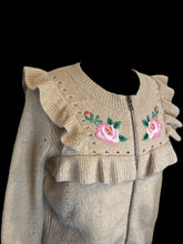 Load image into Gallery viewer, 0X Light brown knit long sleeve round neckline zip-up crop cardigan w/ floral embroidery, &amp; ruffle details
