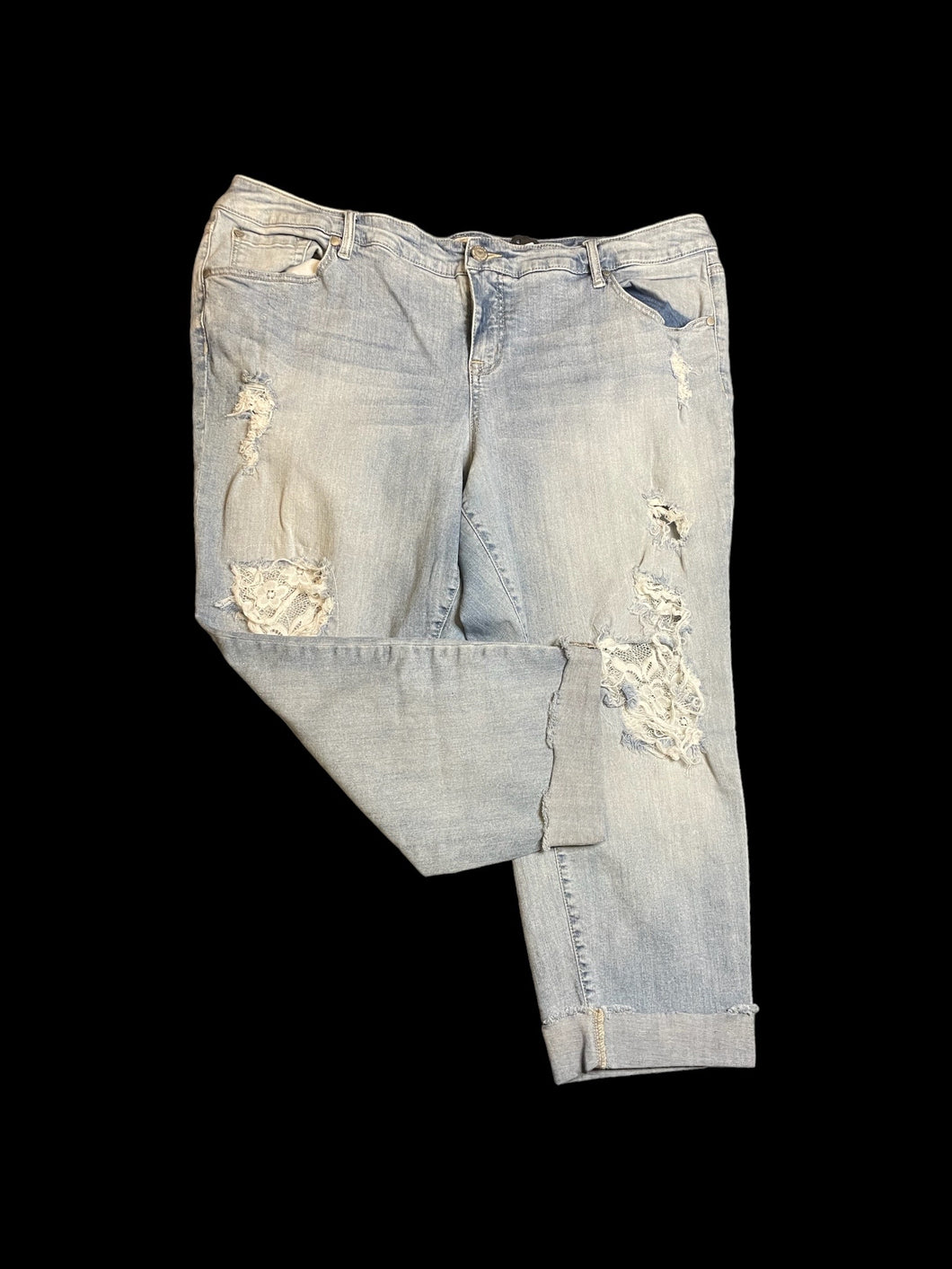 2X Light blue distressed denim & white lace high waist taper leg pants w/ pockets, belt loops, & button/zipper closure