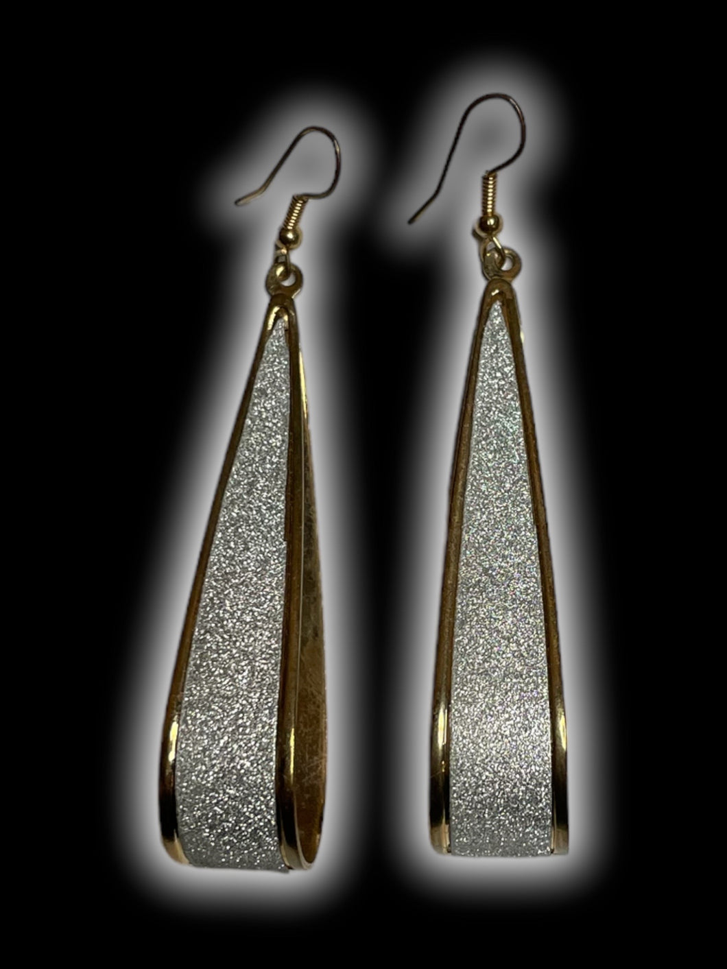 Bronze-like & sparkly silver teardrop loop wire hook dangle earrings