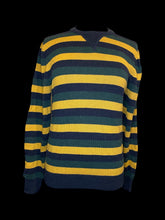 Load image into Gallery viewer, L Dark blue, green, &amp; mustard yellow knit stripe long sleeve crew neckline sweater w/ ribbed hems
