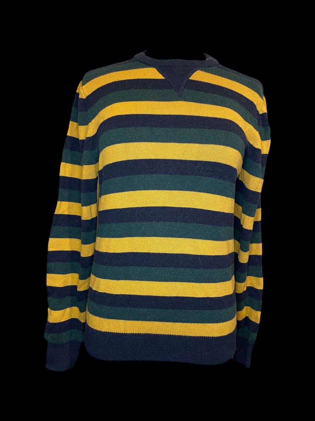 L Dark blue, green, & mustard yellow knit stripe long sleeve crew neckline sweater w/ ribbed hems