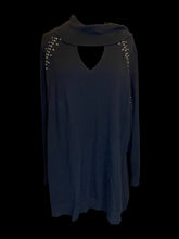 Load image into Gallery viewer, 0X Black cotton blend knit long sleeve cowl keyhole neckline sweater w/ silver-like stud details
