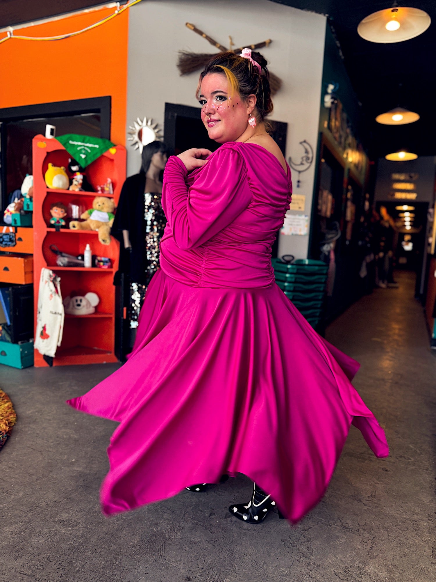 1X David Rose vintage hot pink long sleeve ruched dress with shoulder pads