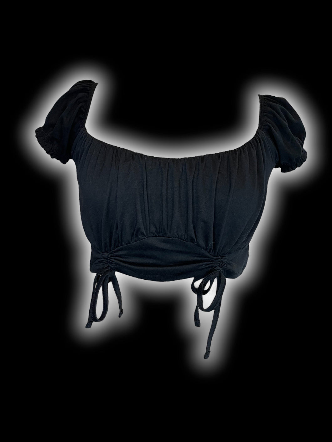 Black short ruffle sleeve off the shoulder crop top w/ drawstring waist