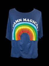 Load image into Gallery viewer, 2X Dark blue &amp; rainbow “Damn Magical” graphic short sleeve scoop neck crop top
