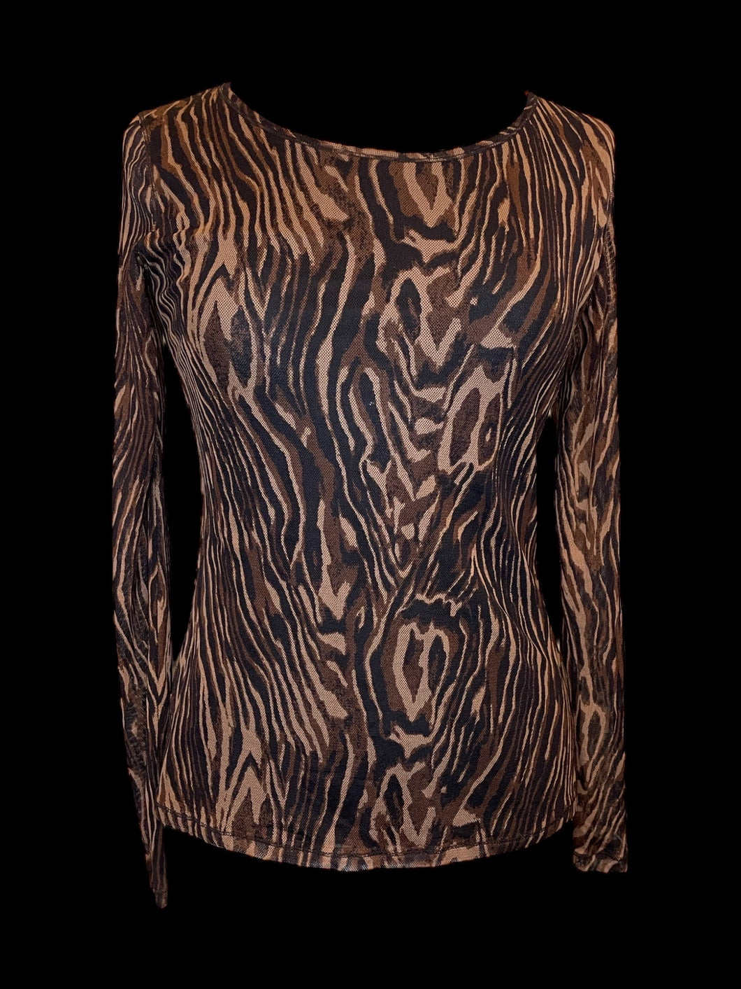 L Vintage designer black, brown, & beige animal print mesh long sleeve scoop neckline top