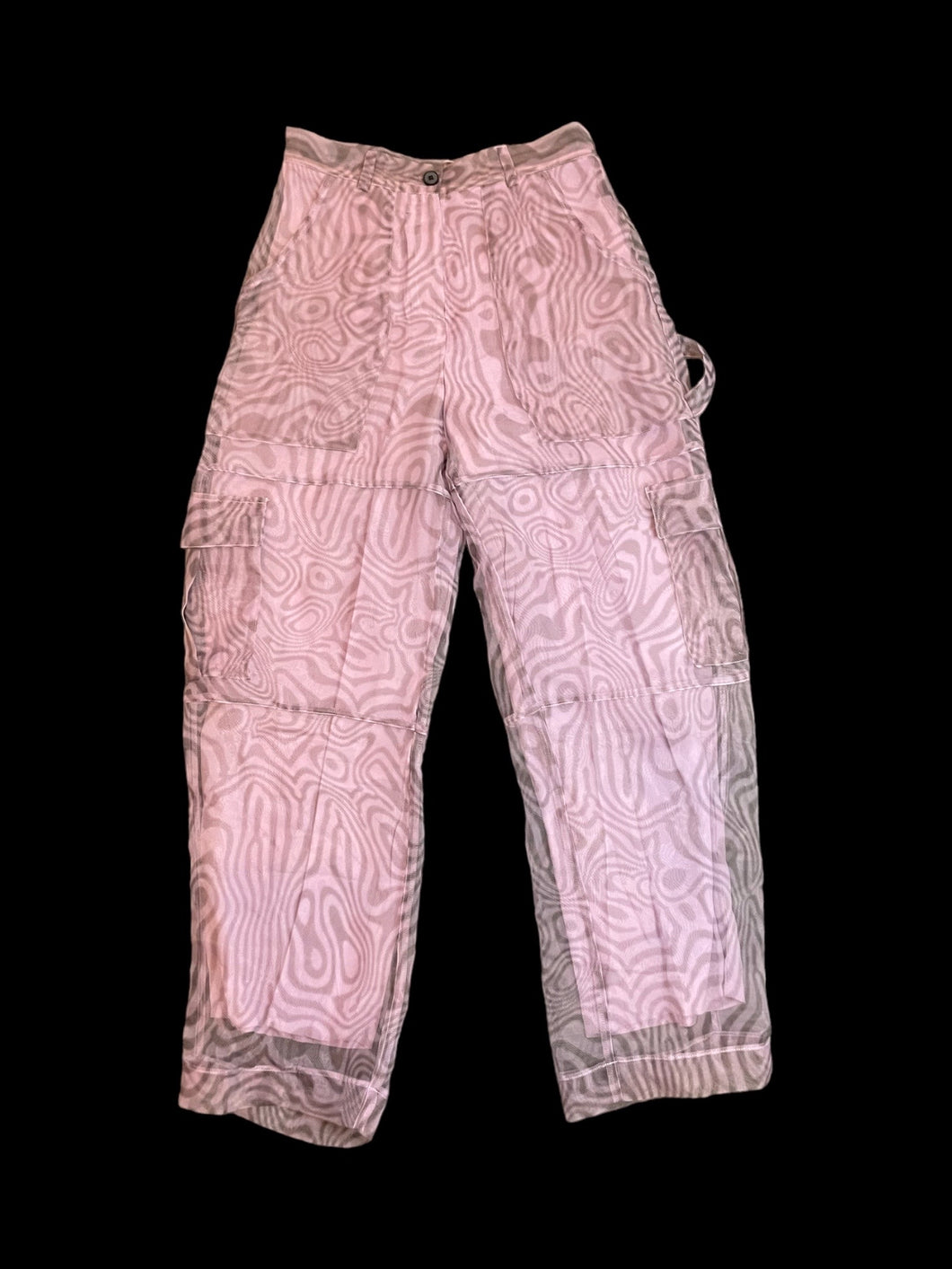 S Lilac & black swirl pattern sheer high waist straight leg cargo style pants w/ lilac lining, pockets, button/zipper closure, & belt loops