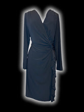 Load image into Gallery viewer, 2X Black long sleeve mock wrap bust dress w/ flutter ruffle detail
