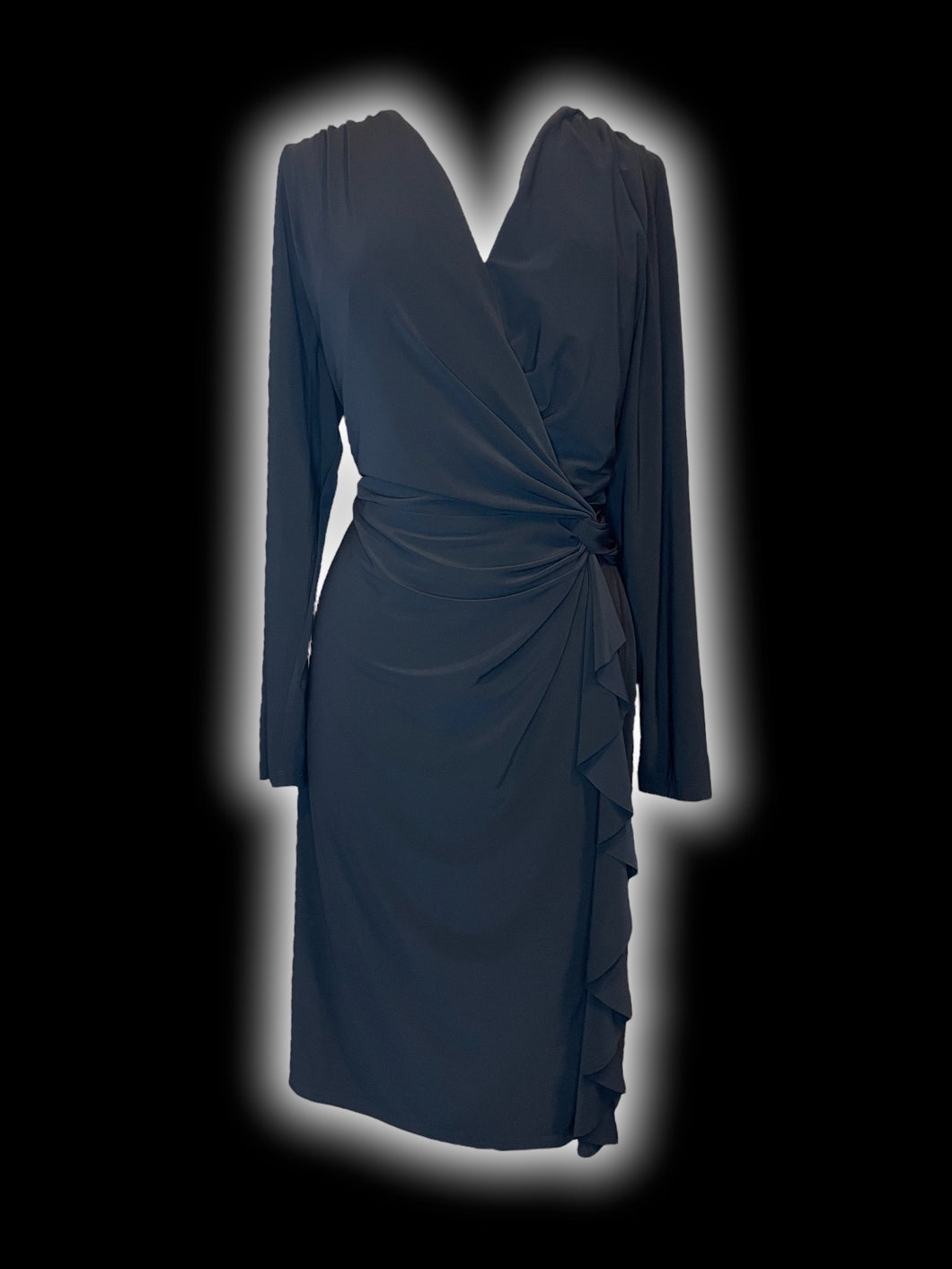 2X Black long sleeve mock wrap bust dress w/ flutter ruffle detail