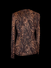 Load image into Gallery viewer, L Vintage designer black, brown, &amp; beige animal print mesh long sleeve scoop neckline top
