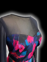 Load image into Gallery viewer, 1X Black, pink, purple, &amp; green floral pattern mesh long sleeve dress w/ keyhole/button back, pockets, &amp; lace-up detail

