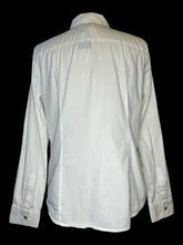 Load image into Gallery viewer, L White long sleeve button down collared top w/ gold-like zipper front, button chest pockets, &amp; button cuffs
