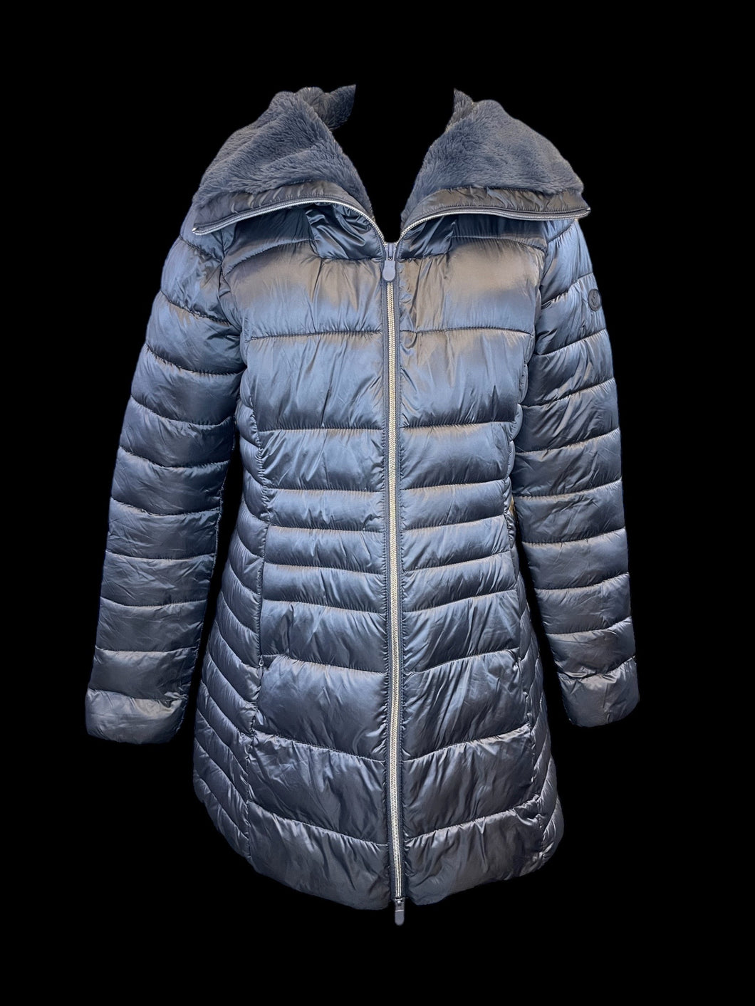 L Grey zip-up puffer coat w/ faux fur collar, & pockets