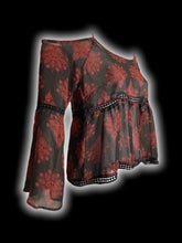 Load image into Gallery viewer, S Black &amp; red sheer paisley bell sleeve cold shoulder round neckline crop top w/ cutout details
