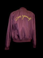 Load image into Gallery viewer, L Burgundy &amp; yellow “Love Yourself” long sleeve zip-up jacket w/ ribbed hem, &amp; pockets
