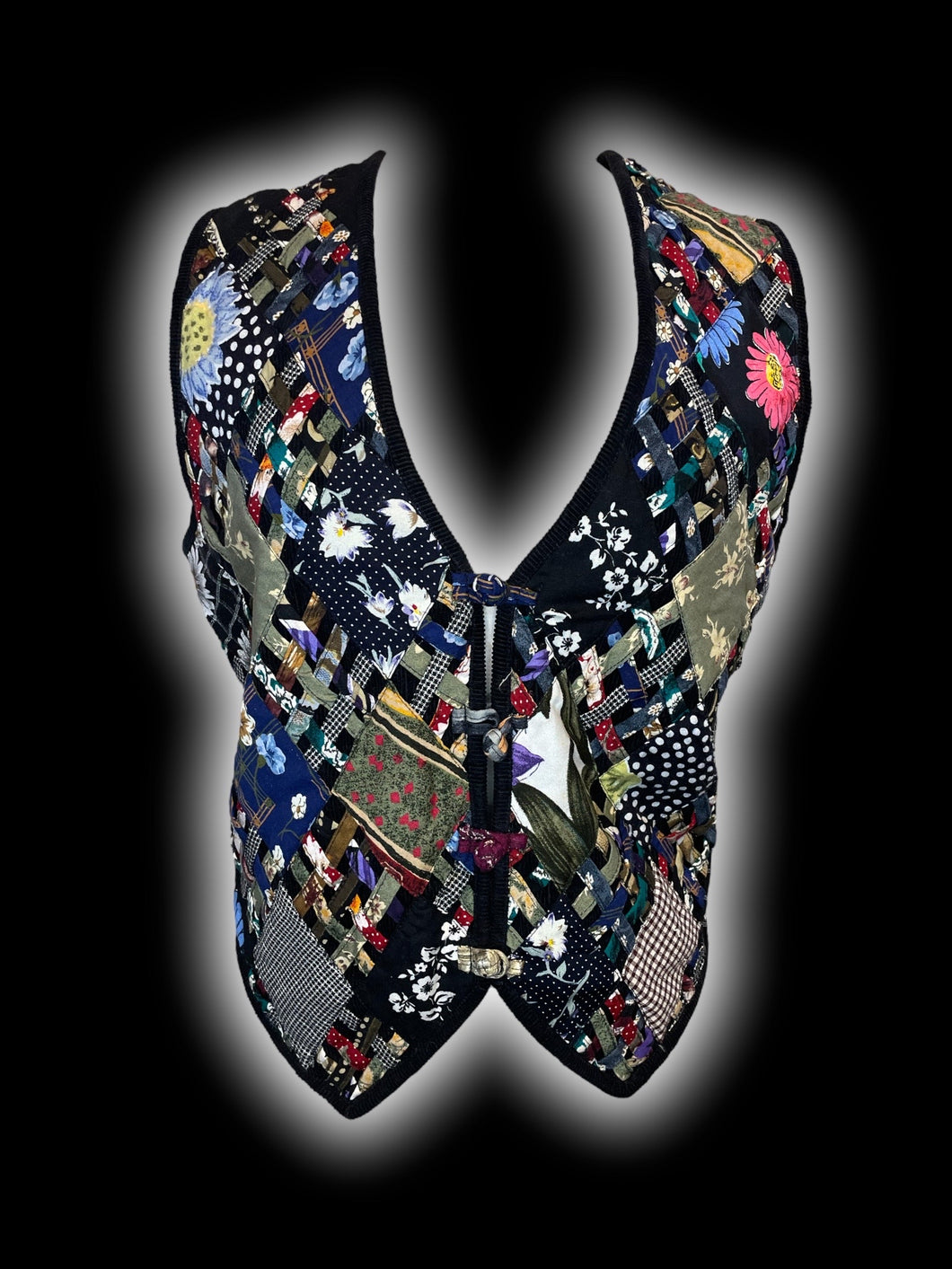 XL Vintage black corduroy & multicolor patchwork toggle closure waistcoat
