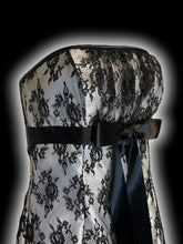 Load image into Gallery viewer, XXS White &amp; black lace strapless dress w/ tule petticoat, bow detail, plastic boning, &amp; clasp/zipper closure
