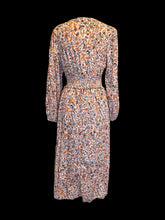Load image into Gallery viewer, L Pink, orange, &amp; blue floral pattern balloon sleeve mock wrap neckline midi dress w/ shirred waist, &amp; pockets
