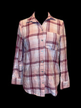 Load image into Gallery viewer, L Light pink, dark pink, &amp; white plaid cotton long sleeve button down top w/ folded collar, chest pocket, &amp; button cuffs
