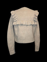 Load image into Gallery viewer, 0X Light brown knit long sleeve round neckline zip-up crop cardigan w/ floral embroidery, &amp; ruffle details
