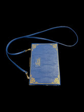 Load image into Gallery viewer, Dark blue “Beauty &amp; The Beast” book shaped bag w/ detachable strap, gold-like accents, internal card wallet, internal pouch, &amp; clasp closure
