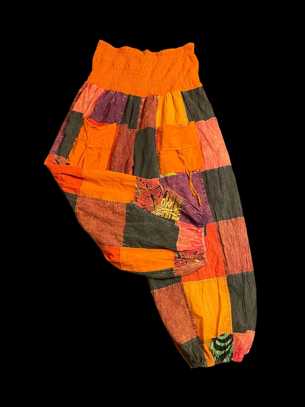 M Orange & earth tone cotton patchwork high waist jogger pants w/ shirred waist, & pockets