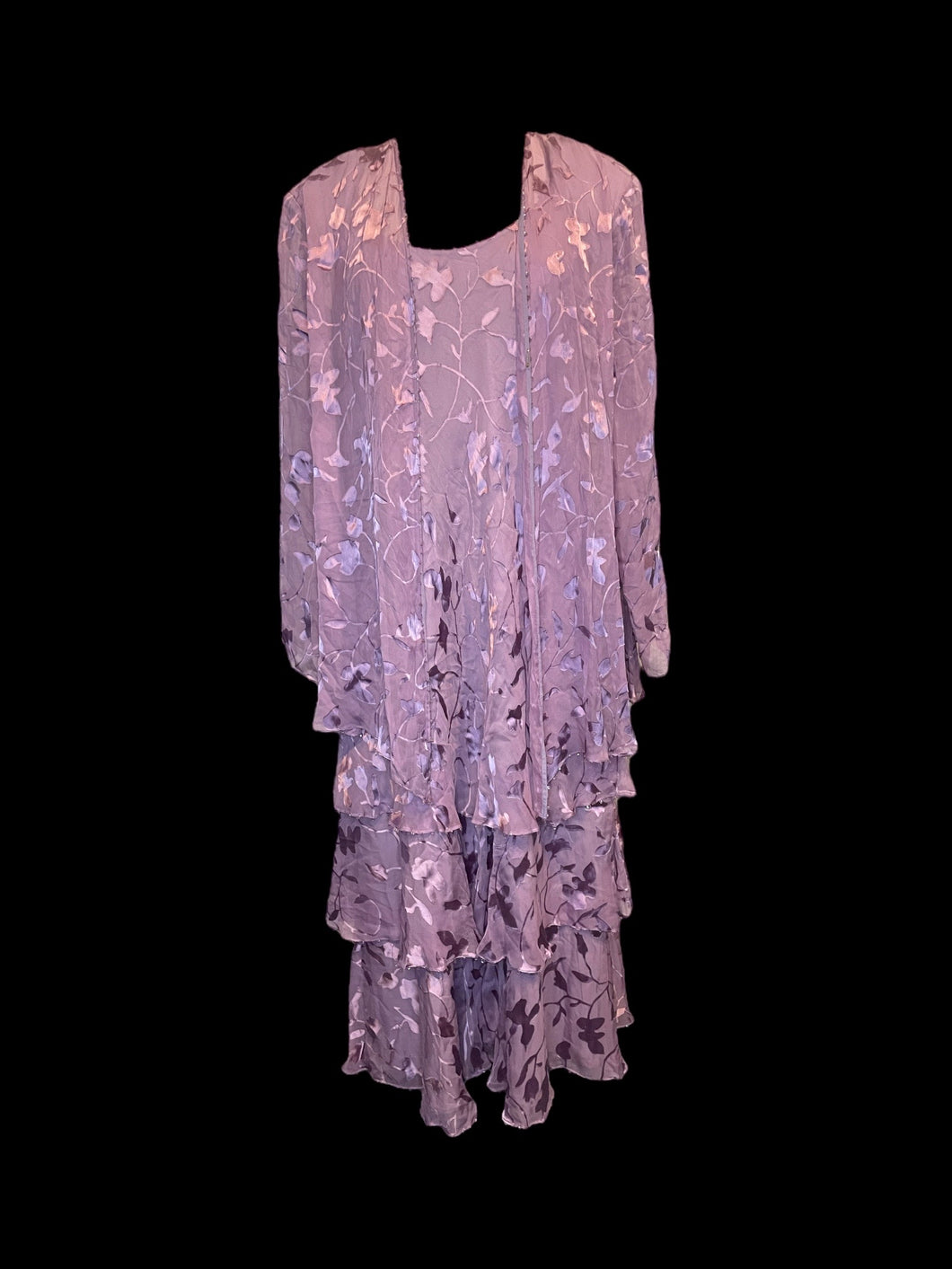 2X Vintage 80s lilac silk floral design shawl & tiered maxi dress set w/ shoulder pads, & beading details