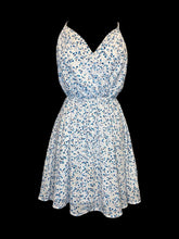 Load image into Gallery viewer, M White, blue, &amp; black botanical pattern sleeveless mock wrap neckline knee length dress w/ elastic waist
