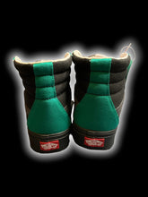 Load image into Gallery viewer, NWT 8M/9.5W Rainbow glitter, black, &amp; green custom high top Vans w/ black laces, &amp; bag
